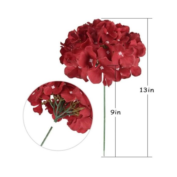 10 pack | Dark Red Silk Hydrangea Flower Stems Home Decor Wedding Bouquet Center - Picture 5 of 5